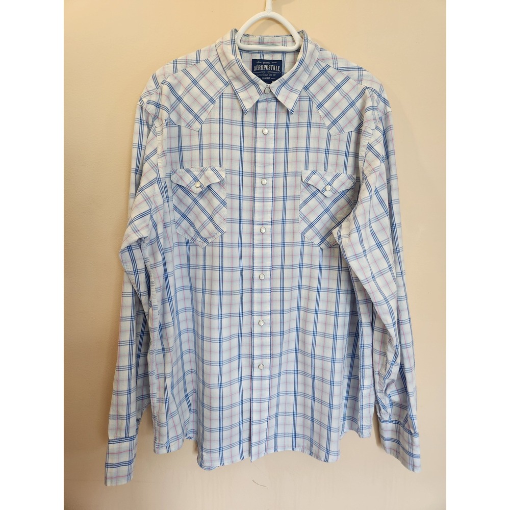 Aeropostale Mens XL Slim Fit Plaid Western Pearl‎ Snap Long Sleeve Shirt